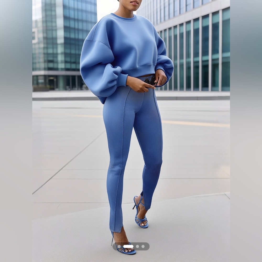 STYLEWE Casual Balloon Sleeve Sweatshirt and Straight Leg Pants w/ Slits